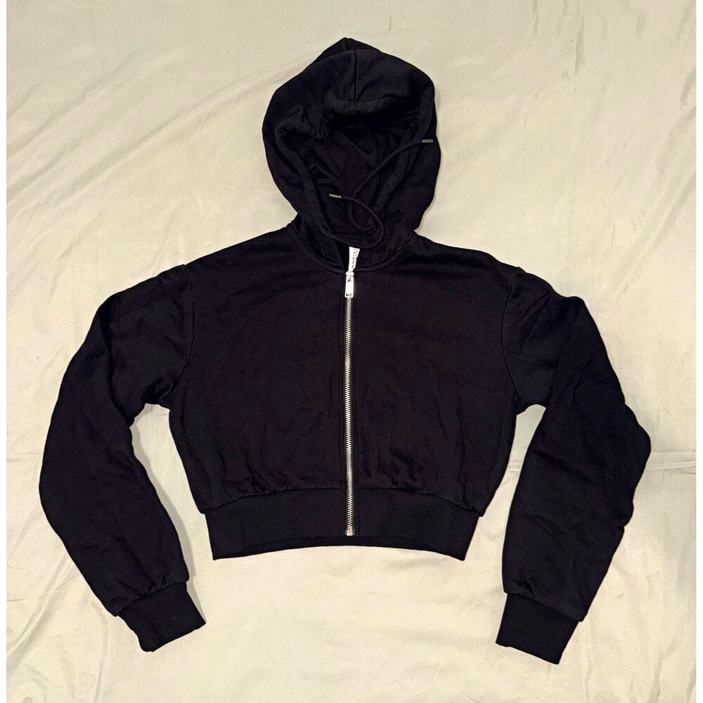 H&M Divided Womens Black Crop Full Zip Hooded Drawstring Hoodie Juniors 2XS